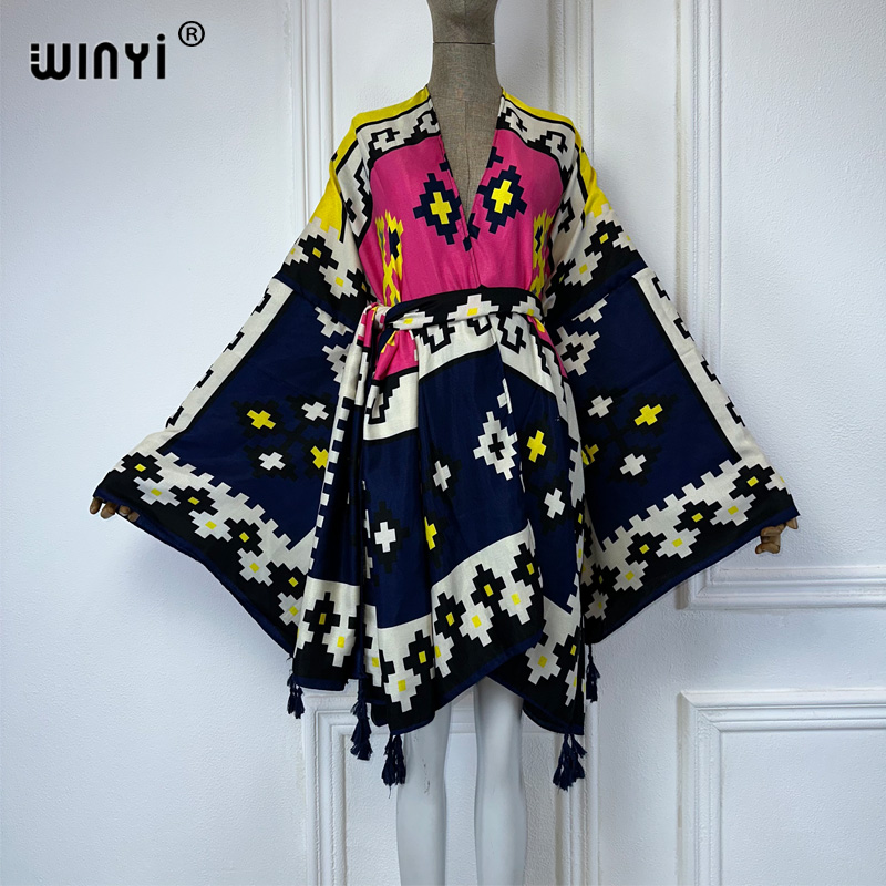 Cover Up Kaftan - Winyi ชุดคลุมชุดกิโมโนพิมพ์ลายตะวันออกกลาง, ชุดคลุมชุดคลุมชุดคาร์ดิแกนสไตล์แอฟริกันสำหรับผู้หญิงใส่ในวันหยุด2024ฤดูร้อน