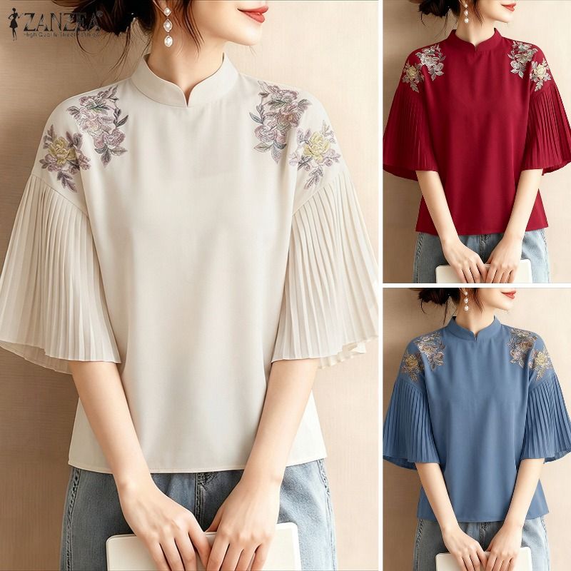 Romper Floral Print - 2026 ZANZEA เสื้อเบลาส์พิมพ์ลายดอกไม้ฤดูร้อนสไตล์ผู้หญิงเสื้อแขนสั้นคอจีบเสื้อทำงานวันหยุดบลูซาส