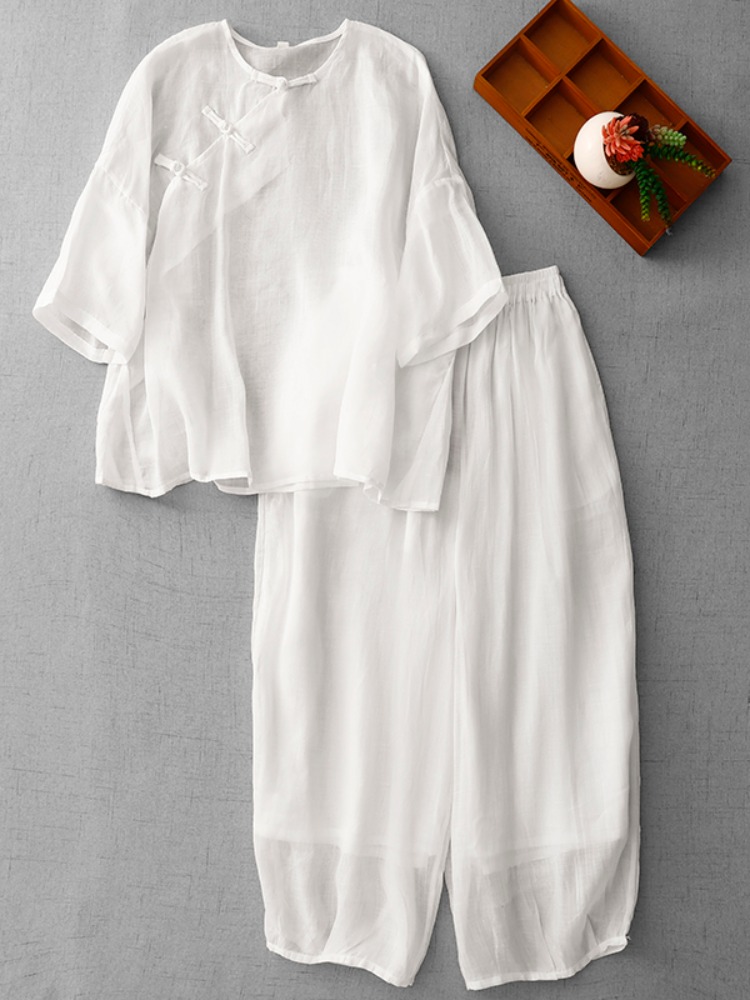 Linen Pant Wide - ชุดสูทผ้าฝ้ายผ้าลินินสไตล์เซนจีนใหม่สำหรับผู้หญิง ชุดแฟชั่นฤดูร้อน กางเกงขากว้างสองชั้นสีขาว เสื้อคอปกแขนสั้น