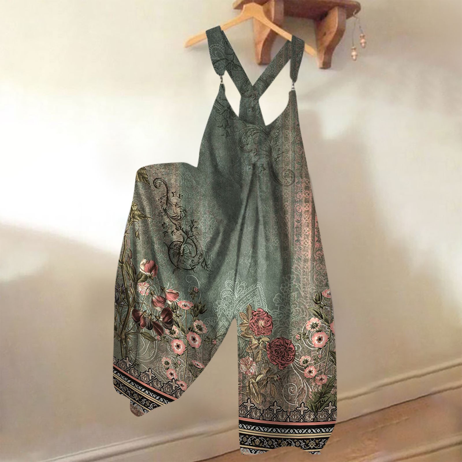 Romper Floral Print - ชุดจั๊มสูทขากว้างพิมพ์ลายดอกไม้สำหรับผู้หญิงฤดูใบไม้ร่วงชุดเอี๊ยมคอกลมแฟชั่นปาร์ตี้ชุดจั๊มสูทไม่สมมาตรสำหรับผู้หญิง