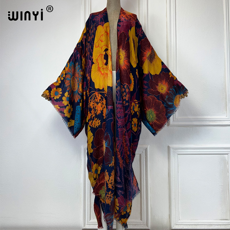 Cover Up Kaftan - WINYI Africa แฟชั่นฤดูร้อน ชุดกิโมโนแม็กซี่เดรส ชุดคลุมชายหาด คาร์ดิแกน