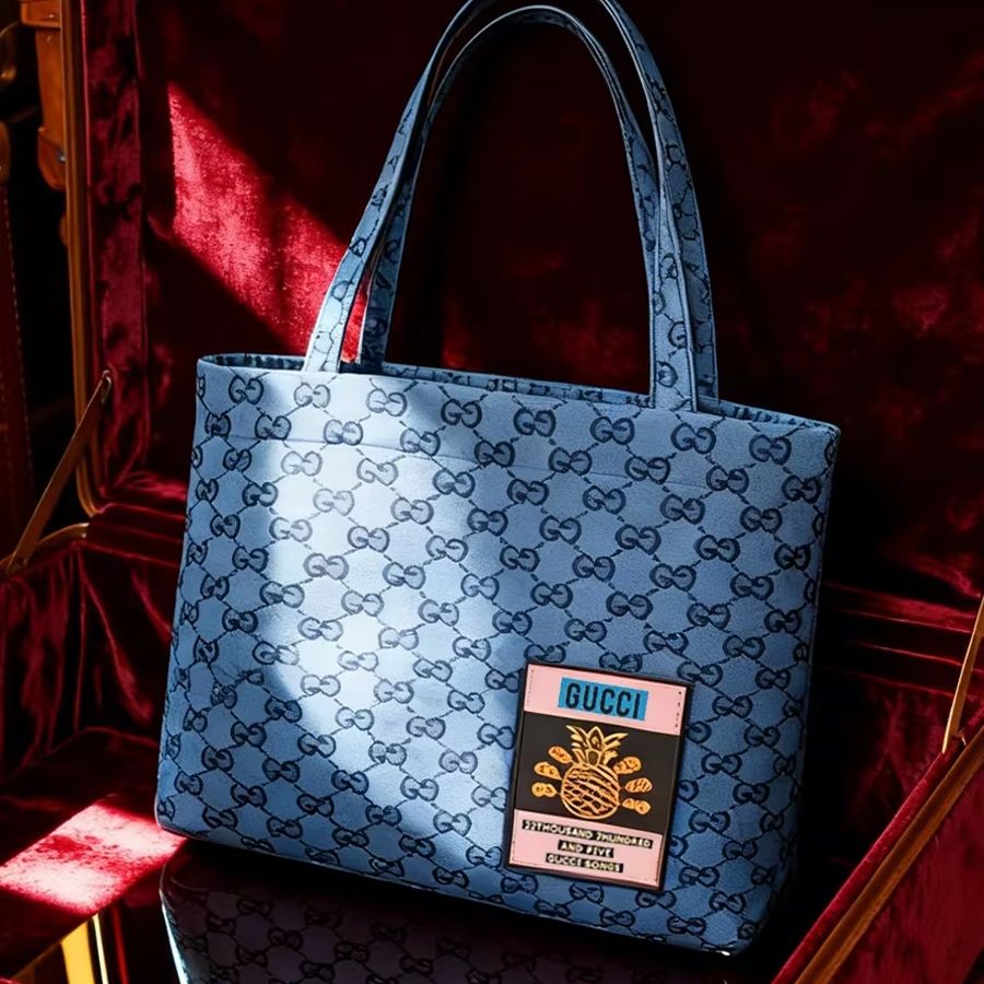 Tote Bag Beach - กระเป๋า GUCCI สำหรับผู้หญิง กระเป๋าผ้าแคนวาสสีเทาอ่อนหรือสีน้ำเงินเดนิม สำหรับแฟชั่นนักศึกษา สาวรุ่นใหม่