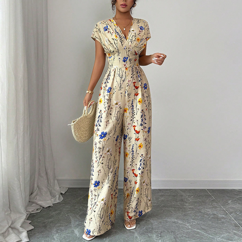 Romper Floral Print - เสื้อผ้าผู้หญิงฤดูร้อน แขนสั้น ทรงหรูหรา เอวสูง ทรงตรง สไตล์สาวออฟฟิศ
