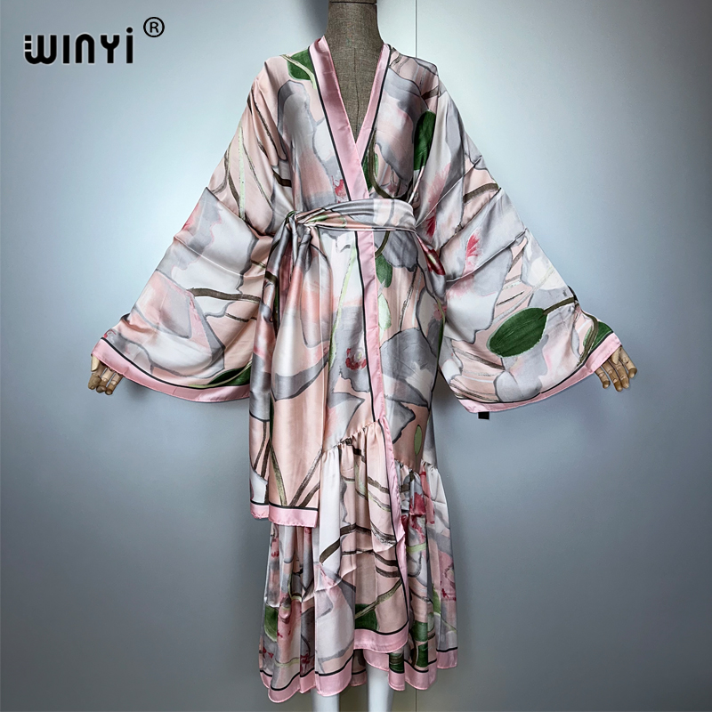 Cover Up Kaftan - ชุดเดรสพิมพ์ลาย WINYI Africa Daily พร้อมเข็มขัดสำหรับผู้หญิง เสื้อผ้าฤดูร้อนสไตล์กิโมโน