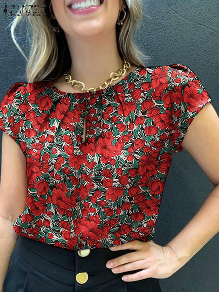 Romper Floral Print - Zanzea เสื้อพิมพ์ลายดอกไม้สไตล์โบฮีเมียน, เสื้อเบลาส์แขนสั้นลำลองสำหรับผู้หญิงเสื้อสตรีมีจีบหรูหราสำหรับใส่ในวันหยุด