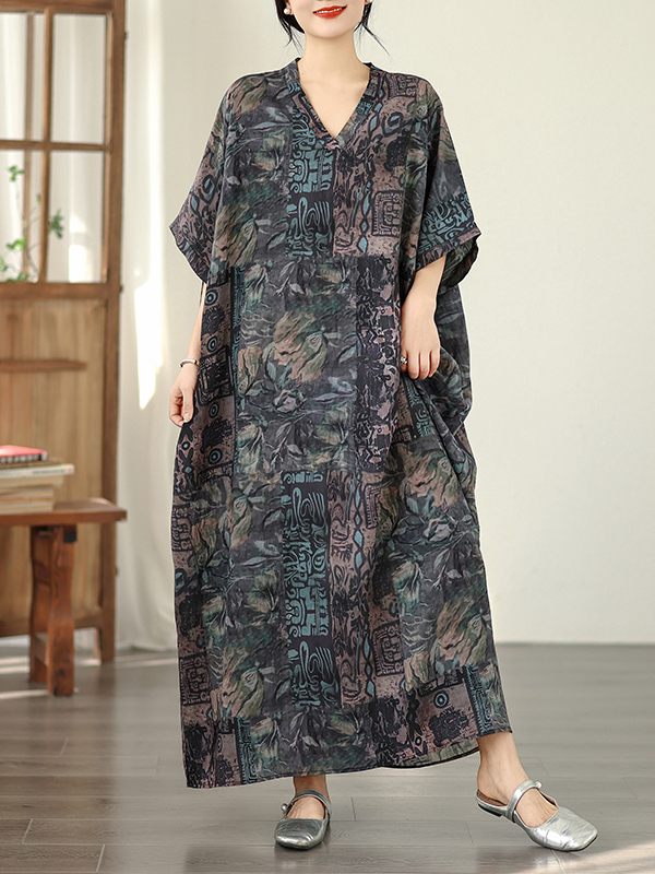 Linen Dress Wrap - เดรสยาวสไตล์วินเทจลายดอกไม้ฤดูร้อน คอวี ผ้าฝ้ายลินิน กระโปรงแบบพันรอบ แขนทรงปีกค้างคาว สำหรับผู้หญิงน้ำหนัก