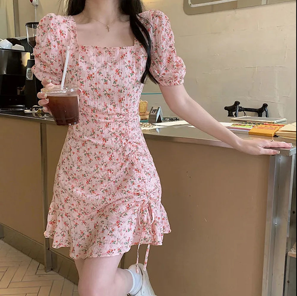 เดรสแขนพองลายดอกไม้ผูกเชือกแสน - Romper Floral Print บทวิจารณ์และราคา