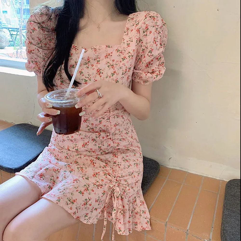เดรสแขนพองลายดอกไม้ผูกเชือกแสน - Romper Floral Print บทวิจารณ์และราคา
