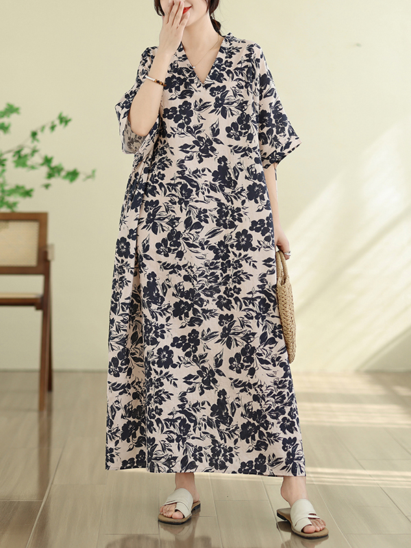 เดรสยาวสไตล์วินเทจลายดอกไม้ฤดู - Linen Dress Wrap บทวิจารณ์และราคา